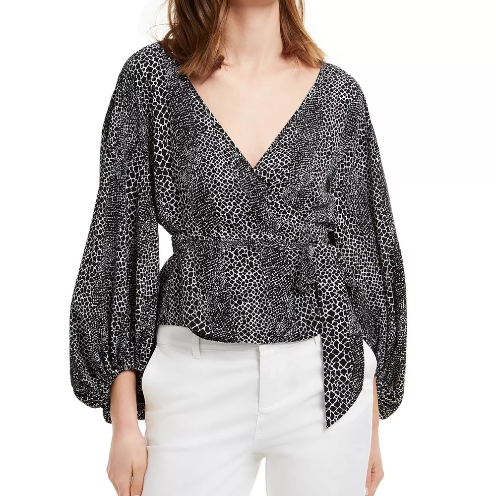MICHAEL KORS Black White Animal Print Attached Tie-Waist Wrap Top Size XL